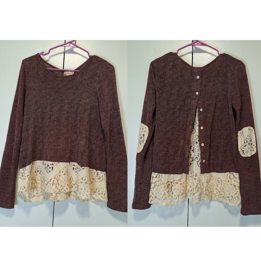 Hem & Thread Contrast Layered Look Lace Top Maroon and Cream Size Small